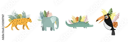Set of illustrations with tropical animals. Vector color illustration in cartoon style. tropical animals