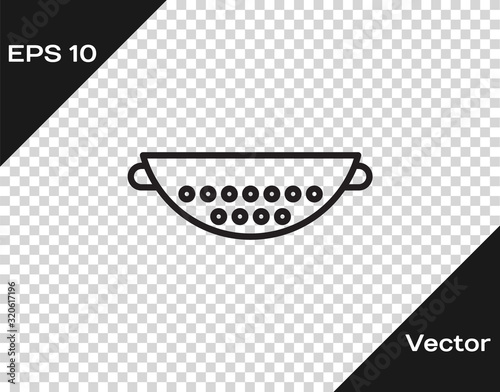 Black line Kitchen colander icon isolated on transparent background. Cooking utensil. Cutlery sign. Vector Illustration