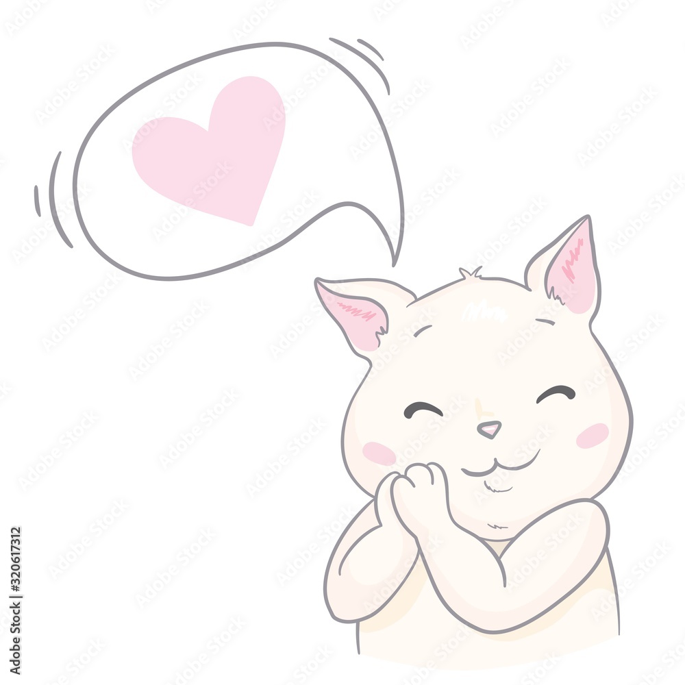 Cute Cat character in love with hearts in eyes and lettering calligraphy text. I love you very much. Hand drawn art illustration in cartoon, doodle style for greeting card, poster, banner, invitation
