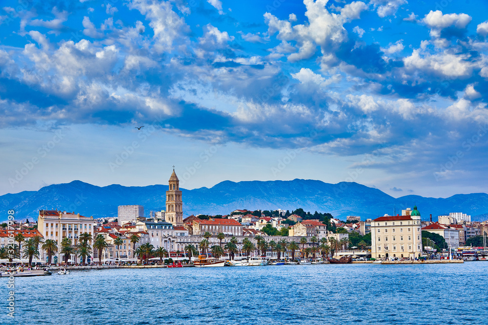 Split, Croatia. View of Split - the second largest city of Croatia at night. Shore of the Adriatic Sea, famous Palace of the Emperor Diocletian. Mediterranean countries.