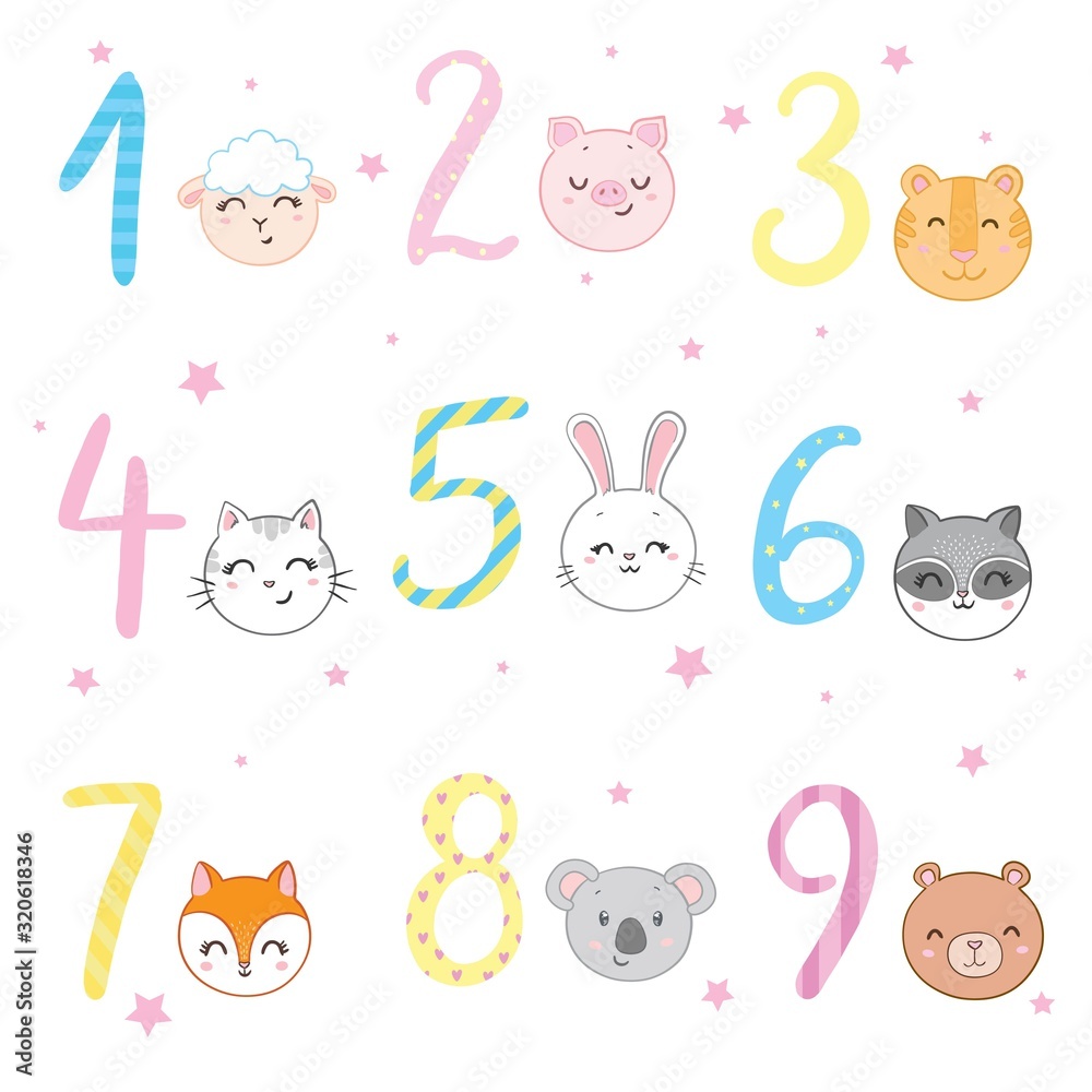 Obraz premium Funky Animals Standing Next To Digits Sticker Set. Stylized Colorful Flat Vector Illustrations For Kids On White Background,
