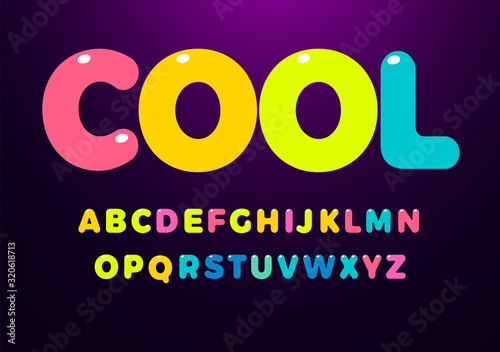 Bright cool colored letters set. Bold rounded glossy kid style alphabet. Font for events, promotions, logos, banner, monogram and poster. Vector typography design.