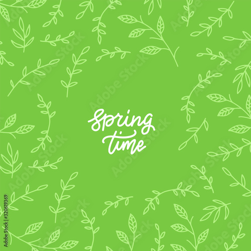 Spring time. Simple doodle lettering. Hand drawn vector combination of a word with branches and leaves. Ideal fresh line design.