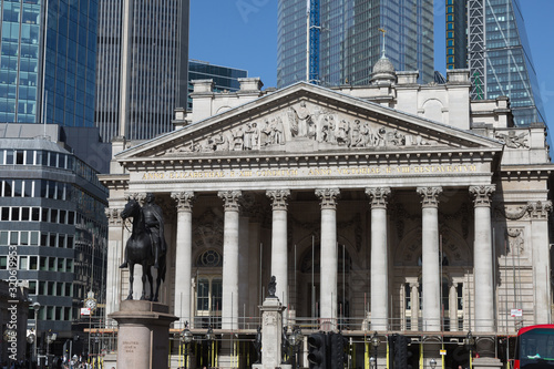 The Equestrian Statue of the Duke of Wellington and the Royal Exchange Facade in London