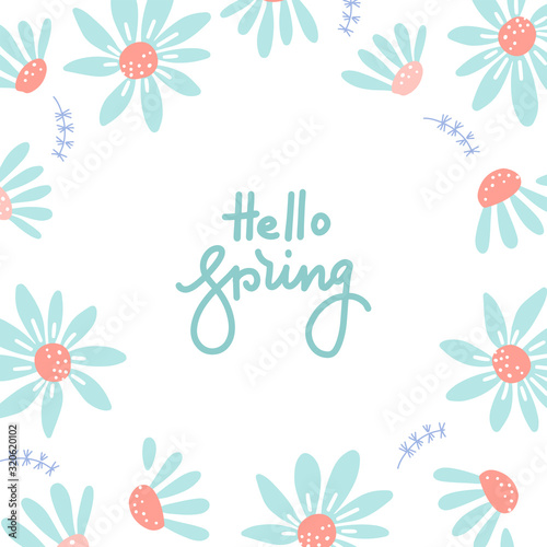 Hello Spring banner. Hand drawn lettering. Background with chamomile, daisy. Spring Time template, flyer, posters, brochure. Happy spring Day. Trendy hand drawn flat style. Flower vector isolated