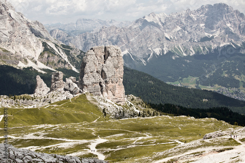 Hiking Dolomites mountains of Passo Giau. Peaks in South Tyrol in the Alps of Europe. Huge rock