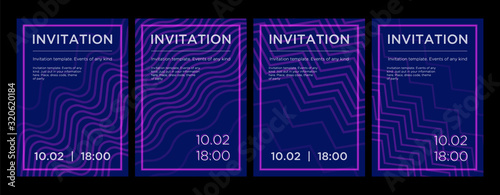Neon set, invitation cards. With neon geometric lines and place for text. Design Template for Party, Celebration or Event.