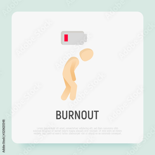Burnout syndrome. Tired man with low battery, depression, fatigue. Flat icon. Modern vector illustration.