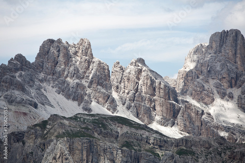 Hike the mountains of Passo Giau. The world famous Dolomites peaks in South Tyrol in the Alps of Italy. Belluno in Europe mountain scenery. Alpine rocks