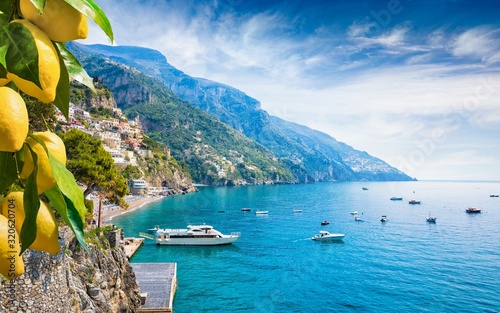 Obraz na płótnie Beautiful Positano with comfortable beaches and blue sea on Amalfi Coast in Campania, Italy