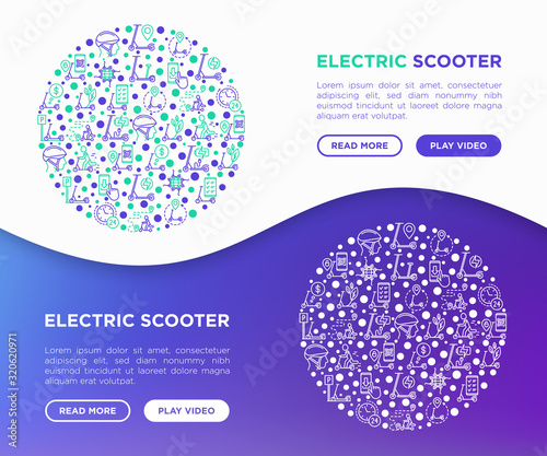 Electric scooter concept in circle thin line icons: sharing service, mobile app, QR code, parking, helmet, eco transport, pointer. Modern vector illustration.