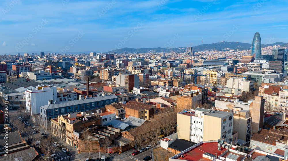 Panorama of Barcelona. Aerial view of the city from the Poblenou district.
