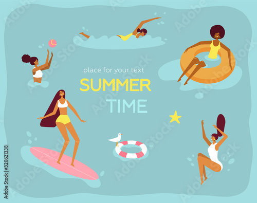 sum_03Young women in swimsuits have a fun time, play on the ball, swim, dive, surf and lie on tube in the water. Flat design, trendy style, minimal. Template for summer time poster, place for your tex