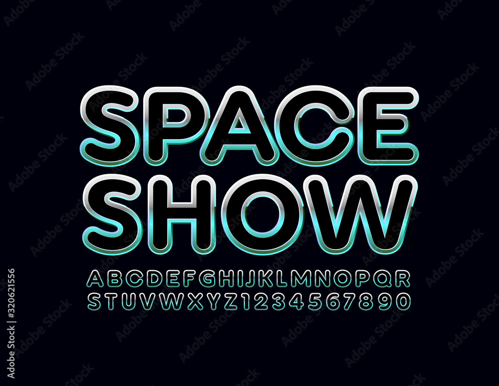 Vector bright Logo Space Show. Metallic gradient Font. Glossy Alphabet Letters and Numbers. 