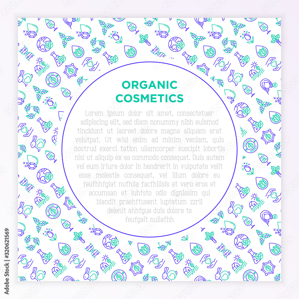 Organic cosmetics concept with thin line icons. Cruelty free, 0% alcohol, natural ingredients, paraben free, eco friendly, no mineral oil, non GMO. Vector illustration, template with copy space.