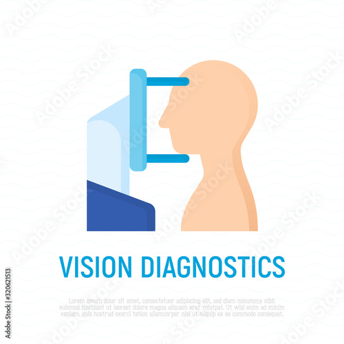 Vision diagnostic: human looking at ophthalmic refractometer. Thin line icon. Modern vector illustration for ophthalmology.