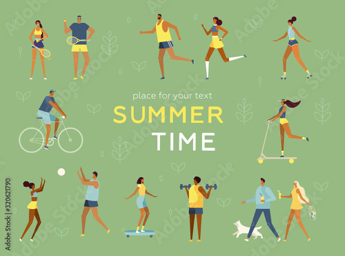 Summer time poster. Young men and women have a fun time, go in for sports, ride a bike, roller skate, scooter, play ball. Healthy lifestyle. Place for your text. Illustration in flat design, minimal
