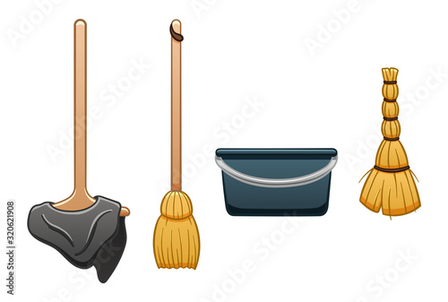 Isolated mop with rag, broom, bucket and besom for cleaning