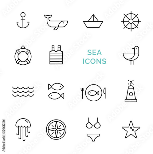 Vector set sea icons. Line design. Black line icons on white background isolated. Collection of fifteen flat icons. Trendy design  