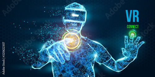 VR headset holographic low poly wireframe vector banner. Polygonal man wearing virtual reality glasses, helmet. VR games playing. Particles, dots, lines, triangles on blue background. Neon light.