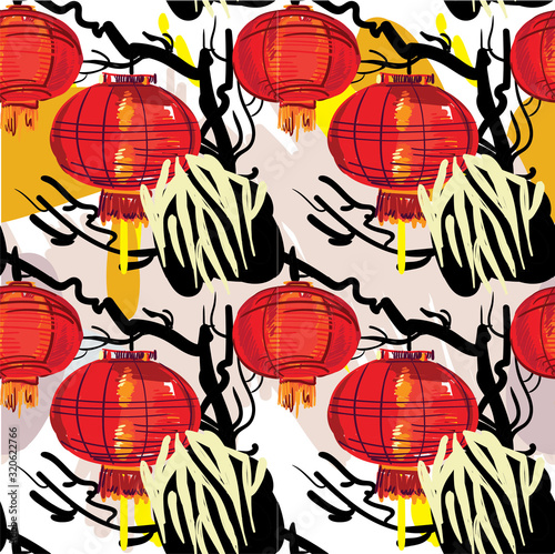 Seamless pattern with chinese lanterns. Paper holiday lanterns. Red lights, China. Abstract background.