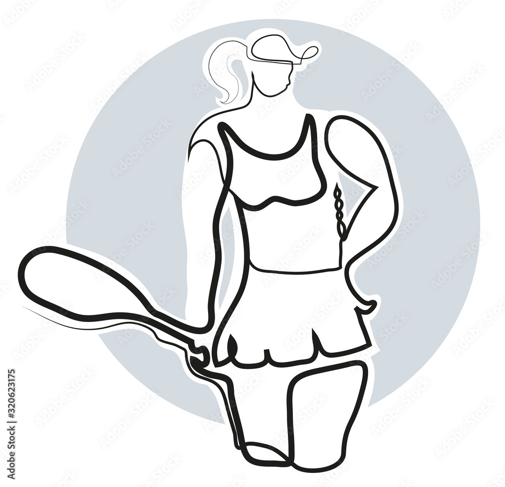 One continuous line drawing of standing tennis player. Simple line art drawing of Beautiful tennis player. One continuous line drawing of standing tennis player. Simple line art drawing of Beautiful tennis player.