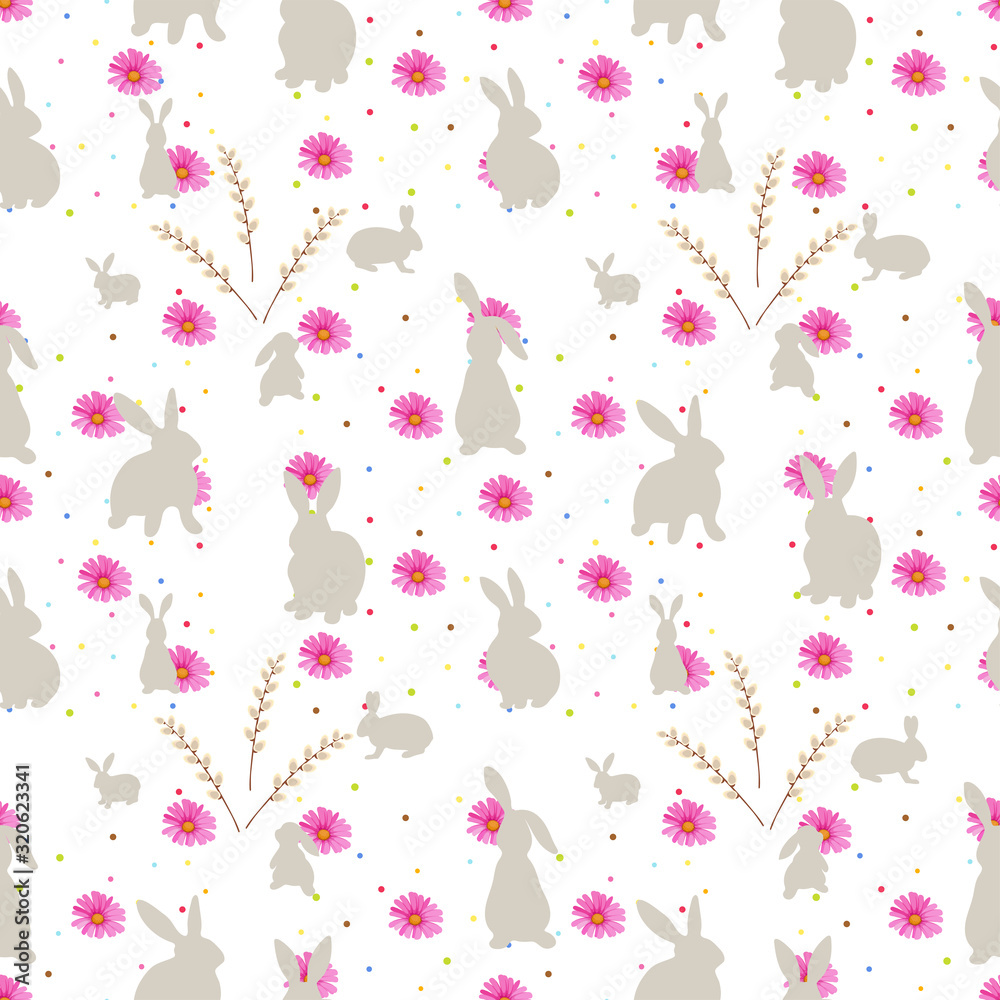 Seamless pattern with rabbits, flowers and willow branches on white background. Vector illustration.