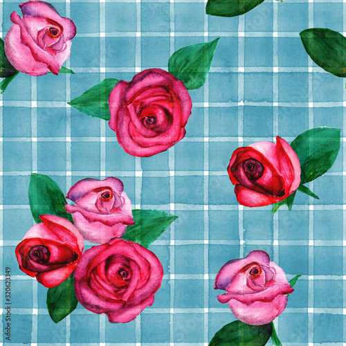 Background with watercolor pink red roses on blue stripes plaid seamless pattern