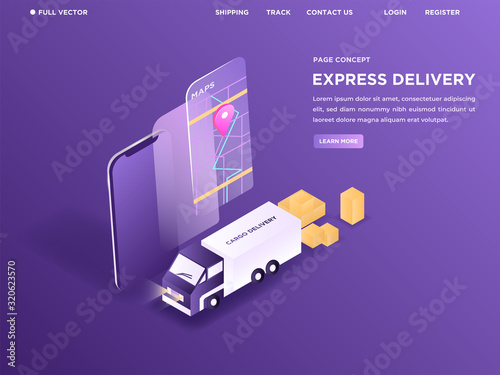 Truck packaging the boxes using online map in modern landing page for courier website. 3D isometric vector illustration