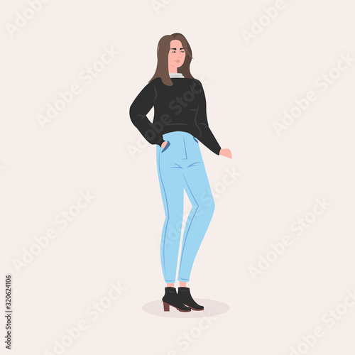 fashion portrait beautiful woman standing pose female cartoon character in casual clothes full length flat vector illustration