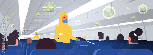 specialists in hazmat suits cleaning and disinfecting airplane with passengers for epidemic MERS-CoV virus wuhan coronavirus 2019-nCoV pandemic medical health risk concept plane interior horizontal
