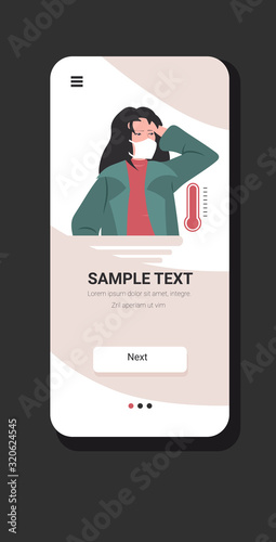 woman in mask feeling sickness epidemic MERS-CoV wuhan coronavirus fever temperature symptoms 2019-nCoV pandemic medical health risk mobile app portrait vertical vector illustration