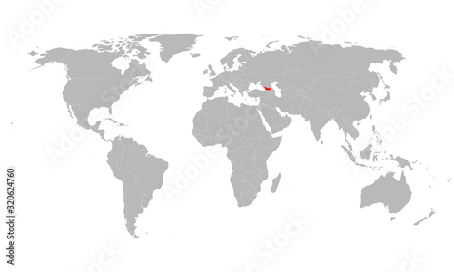 Republic of georgia highlighted red on world political map. Gray background.