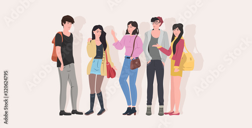 attractive men women group standing together female male cartoon characters in casual clothes full length flat horizontal vector illustration