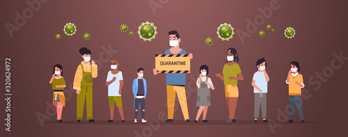 mix race people in protective masks holding quarantine banners epidemic MERS-CoV stop coronavirus concept wuhan 2019-nCoV pandemic medical health risk full length horizontal vector illustration