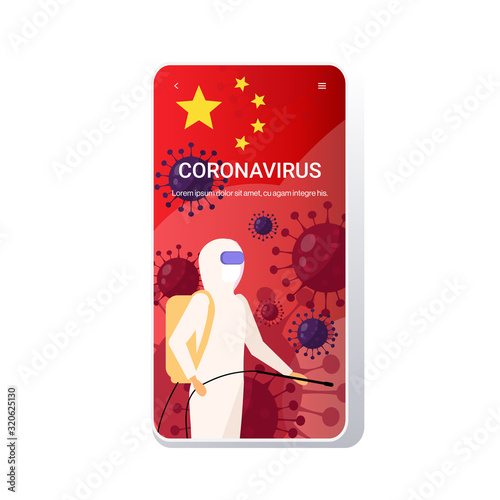 scientist in hazmat suit cleaning and disinfecting coronavirus cells epidemic MERS-CoV virus concept wuhan 2019-nCoV pandemic health risk portrait mobile app copy space vector illustration