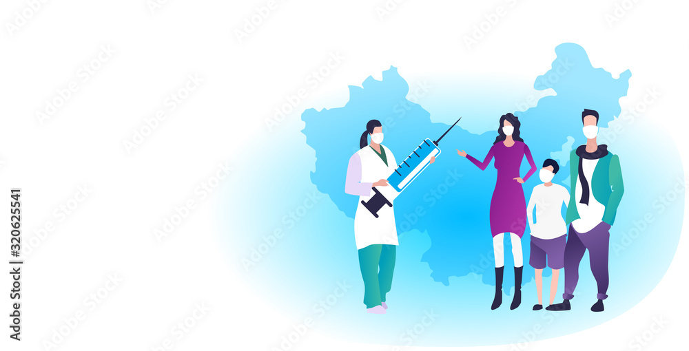 Naklejka premium family doctor holding syringe vaccine to prevent epidemic MERS-CoV virus concept wuhan coronavirus 2019-nCoV pandemic medical health risk chinese map background full length horizontal vector
