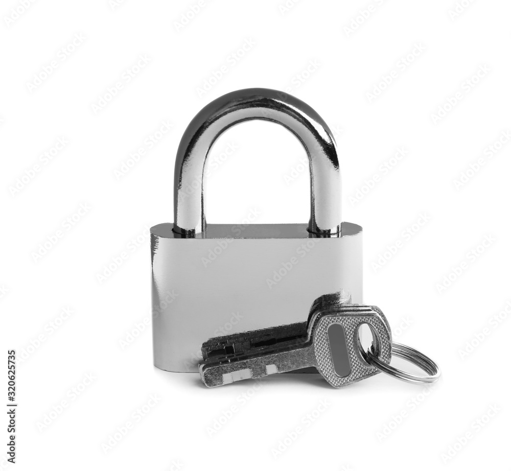 Steel padlock and keys isolated on white. Safety concept Steel padlock and keys isolated on white. Safety concept
