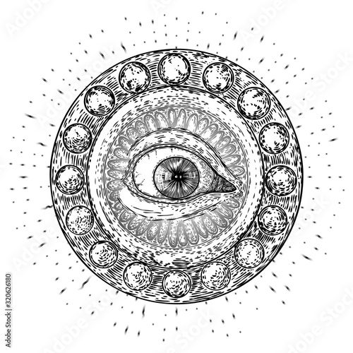 All seeing eye symbol element variation. Alchemy, religion, spirituality and occultism tattoo ink art. Vision of providence and conspiracy theory. Hand drawing in flash tattoo style artwork. Vector.