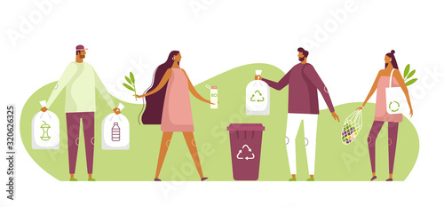 Eco illustration for web. People sorting waste and use eco bag and reusable cup. Eco-friendly characters. Save the planet. Vector template, flat design, white isolated
