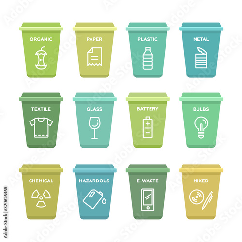 Collection of dumpster with recycling icons. Vector illustration, flat design, white isolated. Organic, paper, plastic, metal, textile, glass, battery, bulbs, chemical, hazardous, e-waste, mixed. 