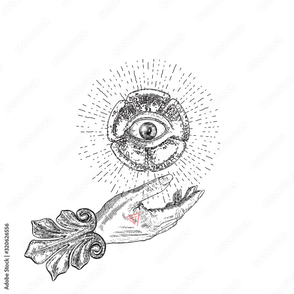 Fortune Teller hand or witch hand with all seeing eye. Mystic and
