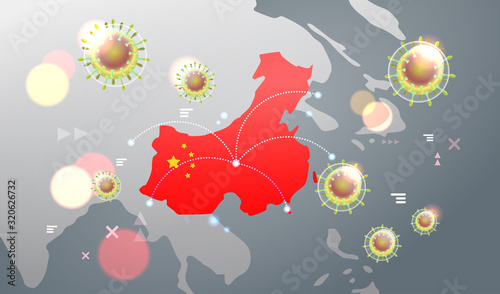 epidemic MERS-CoV flu spreading of world floating influenza virus cells wuhan coronavirus 2019-nCoV pandemic medical health risk chinese map background horizontal vector illustration