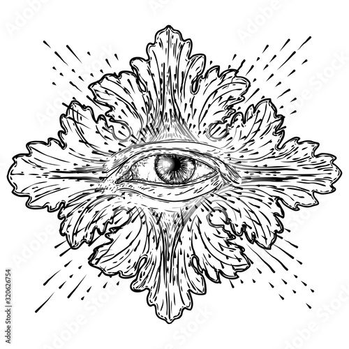 All seeing eye or Eye of Providence on decorative background sacred geometry. Ancient mystical sacral Masonic symbol. Hand drawn alchemy, religion and spiritual occultism. Conspiracy theory vector.