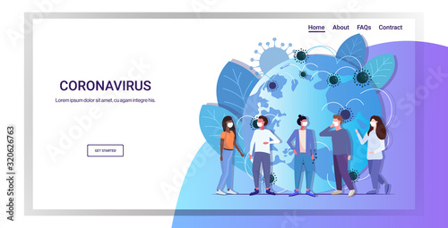 people group in protective masks epidemic MERS-CoV coronavirus flu spreading of world floating influenza concept wuhan 2019-nCoV pandemic medical health risk full length horizontal copy space vector