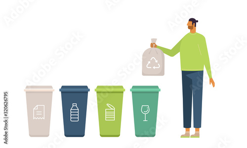 Eco-friendly concept. Vector illustration, flat design, isolated on white. Young man putting rubbish in trash bins, dumpsters or containers. Waste Separation and Recycling. Cartoon character.  