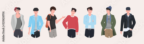 beautiful men group standing together attractive guys male cartoon characters in fashion clothes portrait flat horizontal vector illustration