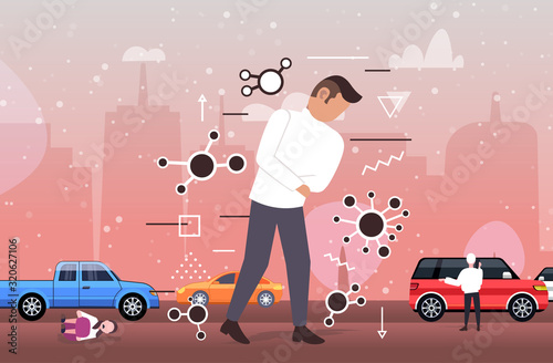 man feeling sickness epidemic MERS-CoV bacteria floating influenza virus cells wuhan coronavirus 2019-nCoV pandemic medical health risk full length horizontal cityscape vector illustration