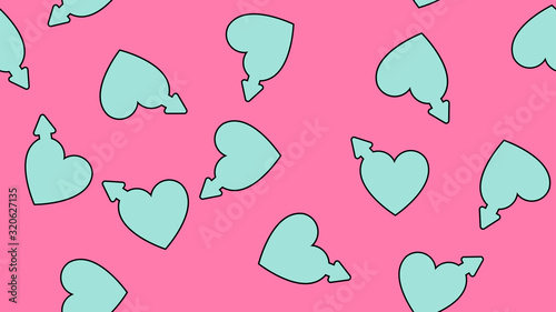 Texture seamless pattern of flat icons of hearts and symbols of men, love items for the holiday of love Valentine's Day February 14 or March 8 on a pink background. Vector illustration