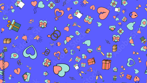 Fototapeta Naklejka Na Ścianę i Meble -  Texture seamless pattern from a set of love items with hearts and gifts for the holiday of love Valentine's Day February 14 or March 8 on a blue background. Vector illustration